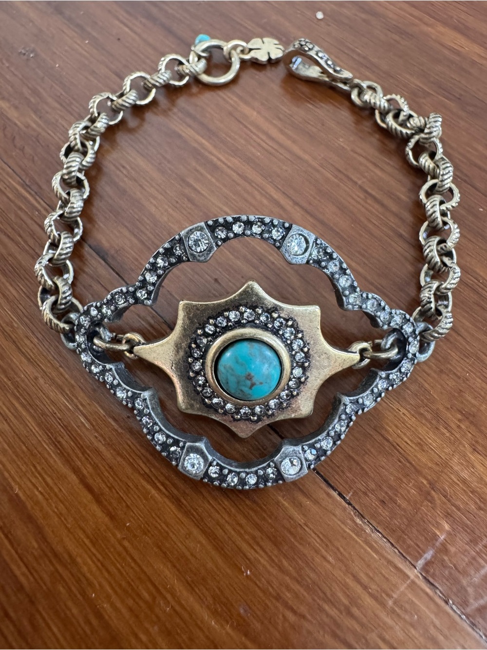 Lucky Brand Turquoise and Gold-Tone Crystal Medallion Bracelet